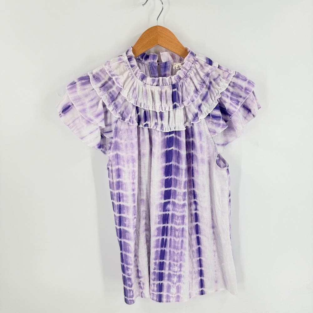 BIBI Boutique Ruffle Top Purple Medium Tie Dye Boho Linen Blend Indie Ethereal
